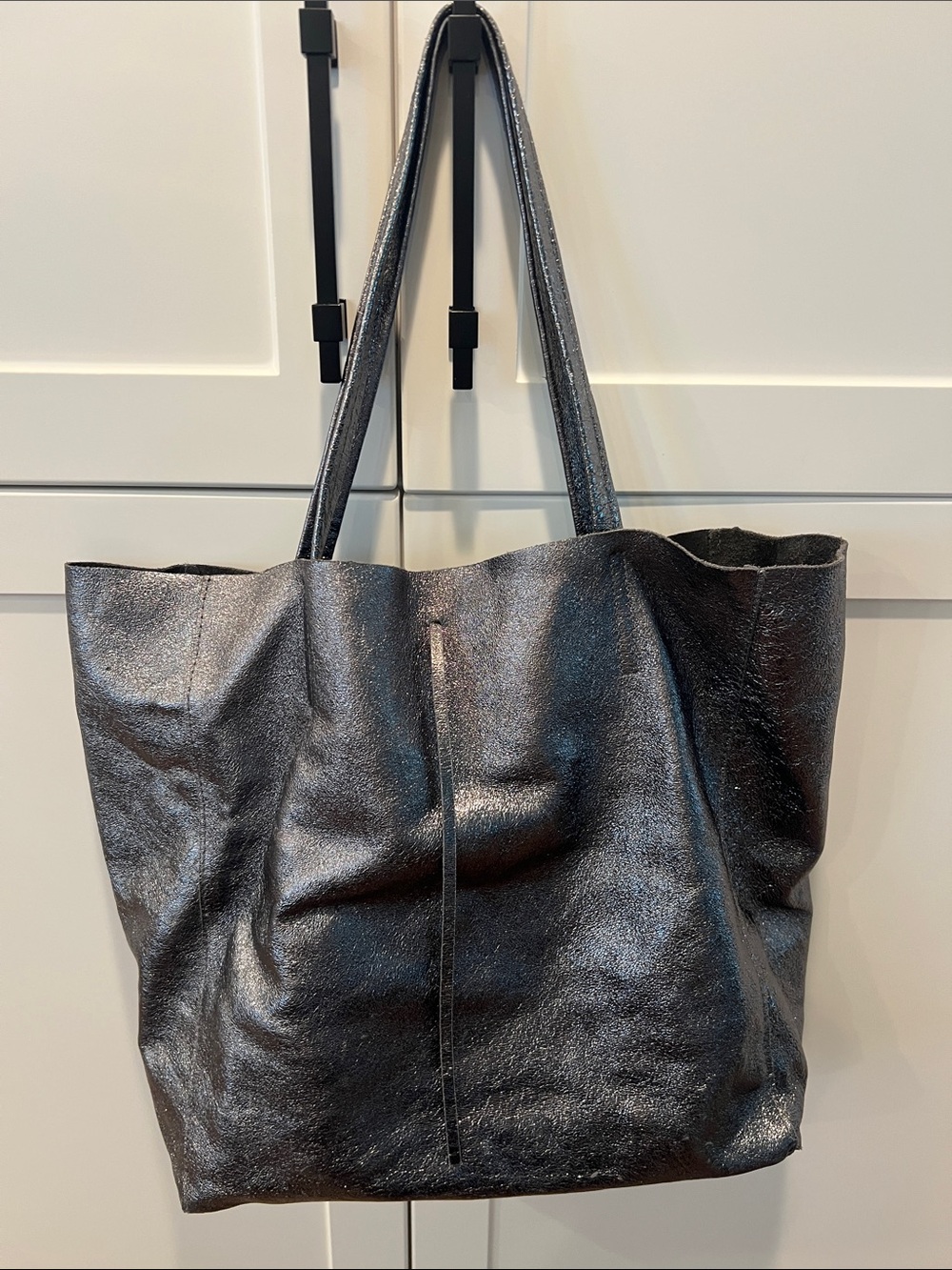 Genuine leather silver metallic tote